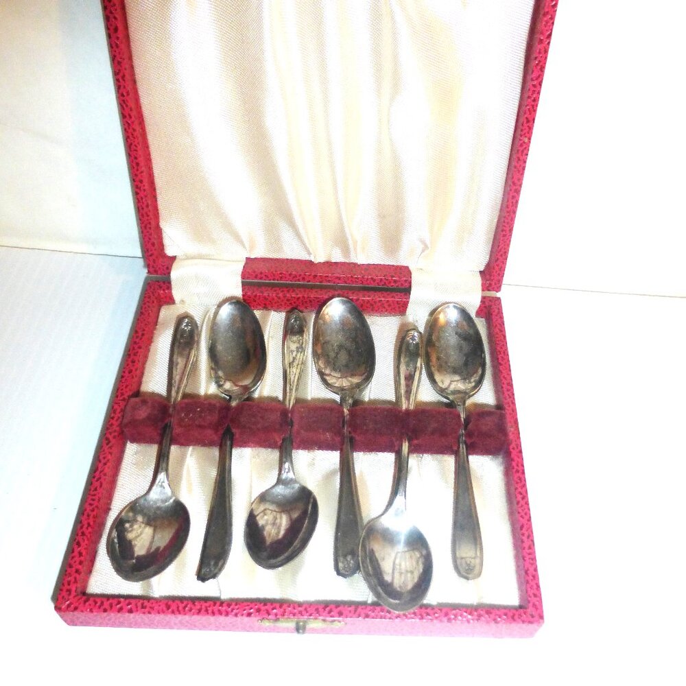 WKRBD - Boxed Set of 6 Rogers 1881 A-1 Demitasse SILVER PLATED SPOONS Teaspoon